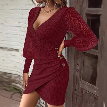 Knit Bodycon Wrap Dress with Lace Puff Sleeves