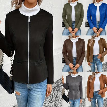 Slim-Fit Faux Suede Jacket with Round Neck and Zip Front