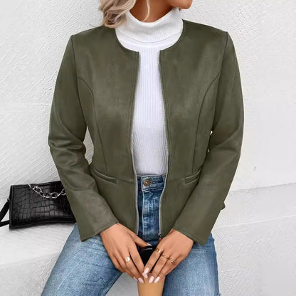 Slim-Fit Faux Suede Jacket with Round Neck and Zip Front