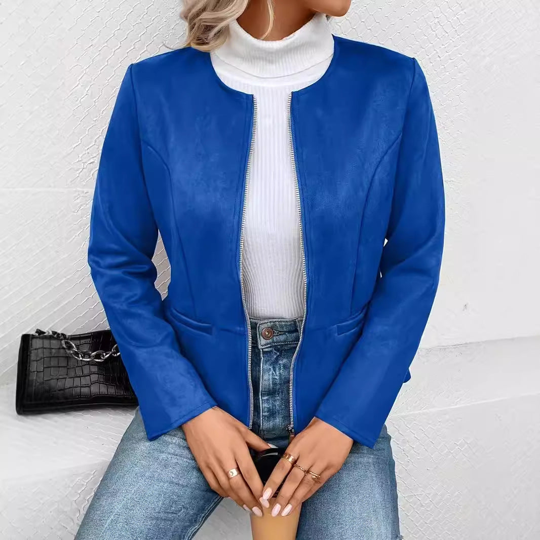 Slim-Fit Faux Suede Jacket with Round Neck and Zip Front