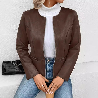 Slim-Fit Faux Suede Jacket with Round Neck and Zip Front