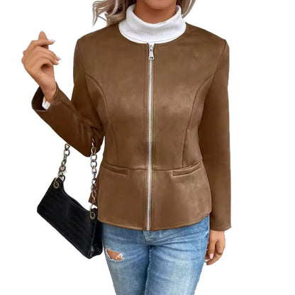 Slim-Fit Faux Suede Jacket with Round Neck and Zip Front
