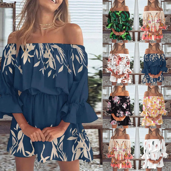 Printed Off-Shoulder Mini Dress with Elasticated Waist
