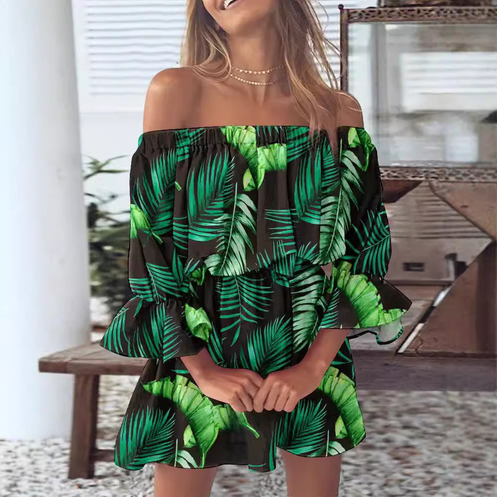 Printed Off-Shoulder Mini Dress with Elasticated Waist