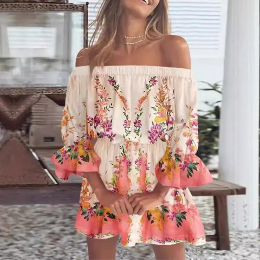 Printed Off-Shoulder Mini Dress with Elasticated Waist