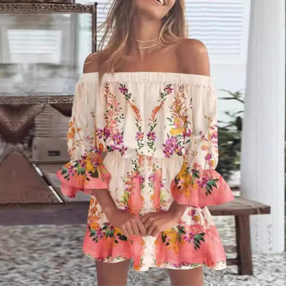 Printed Off-Shoulder Mini Dress with Elasticated Waist