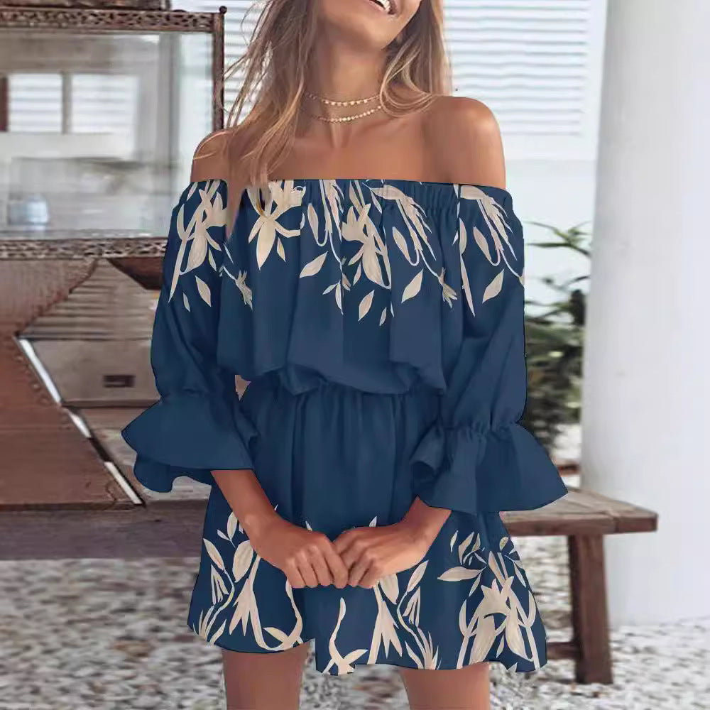 Printed Off-Shoulder Mini Dress with Elasticated Waist
