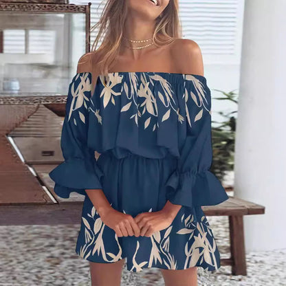 Printed Off-Shoulder Mini Dress with Elasticated Waist