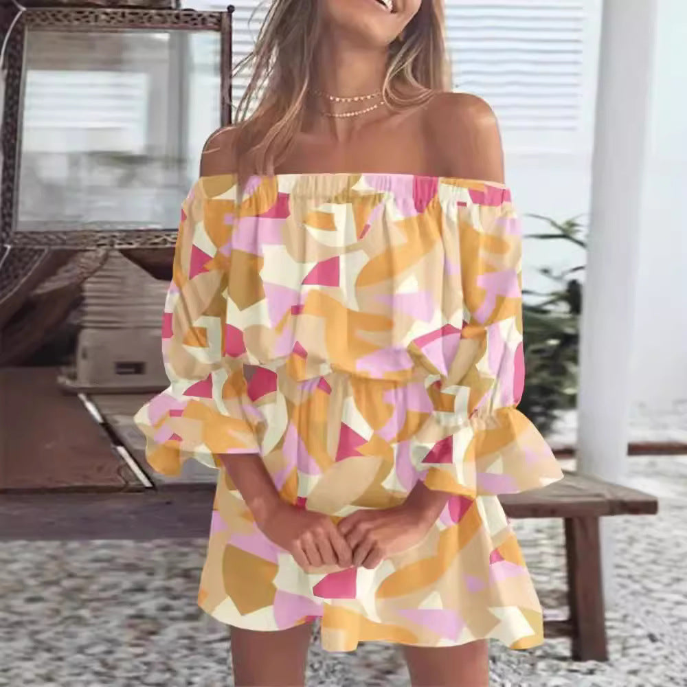 Printed Off-Shoulder Mini Dress with Elasticated Waist