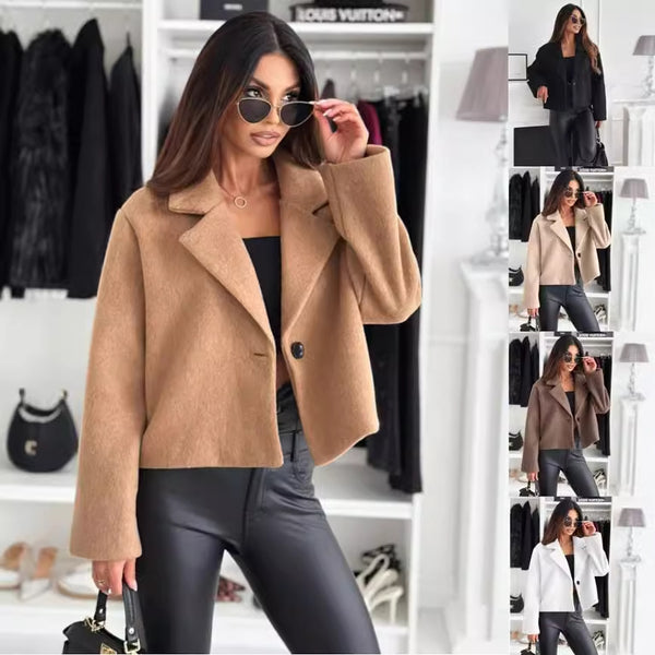 Cropped Blazer Jacket with Notched Lapel and Button Closure