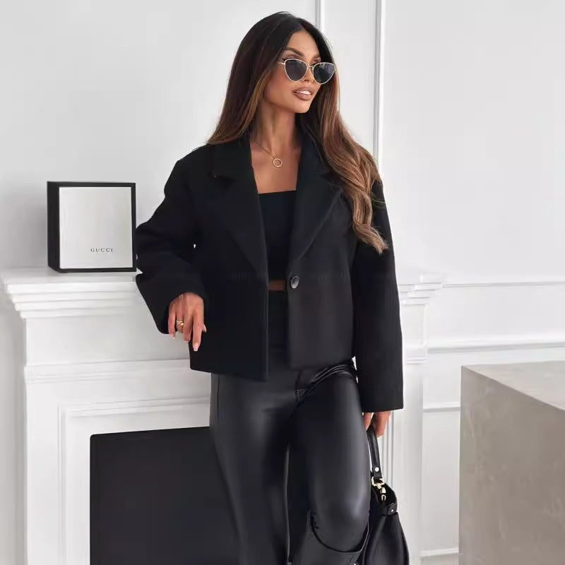 Cropped Blazer Jacket with Notched Lapel and Button Closure