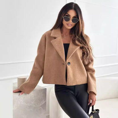 Cropped Blazer Jacket with Notched Lapel and Button Closure