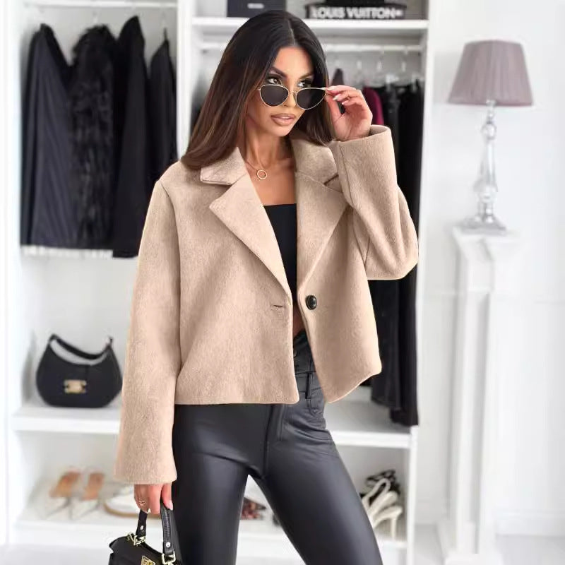 Cropped Blazer Jacket with Notched Lapel and Button Closure