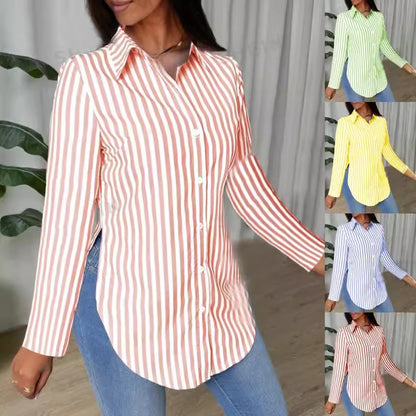 Striped Shirt with Long Sleeves and Curved Hem