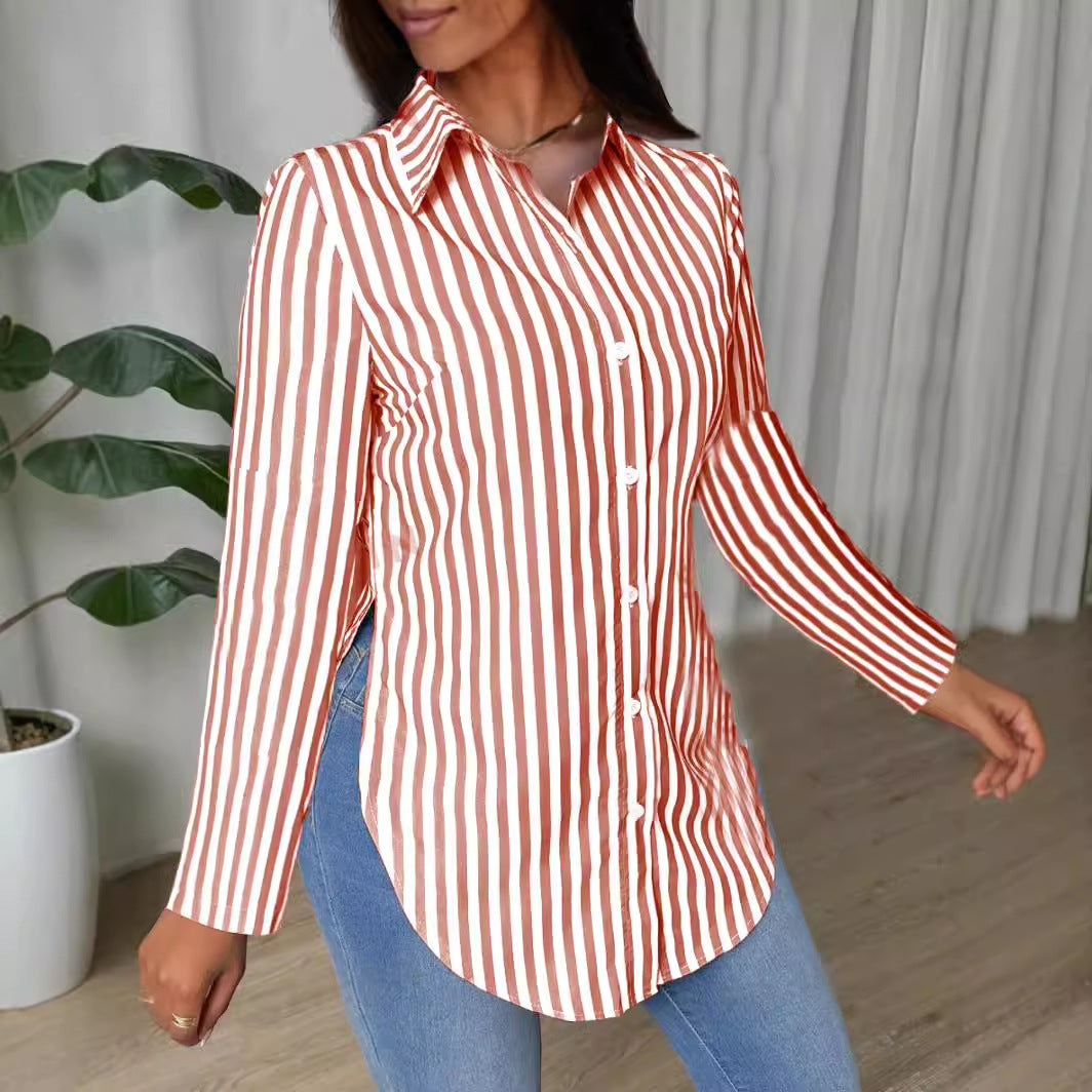 Striped Shirt with Long Sleeves and Curved Hem