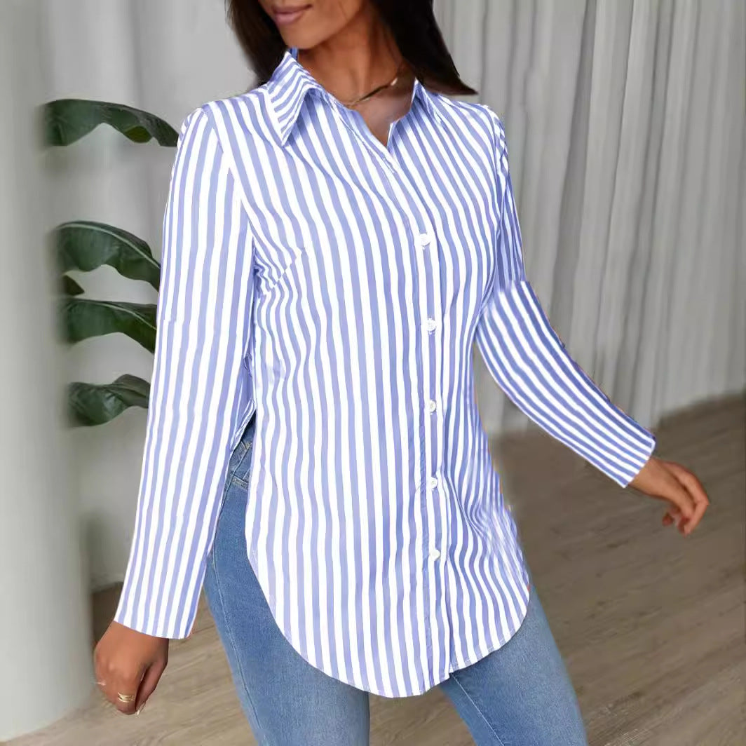 Striped Shirt with Long Sleeves and Curved Hem