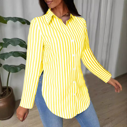 Striped Shirt with Long Sleeves and Curved Hem