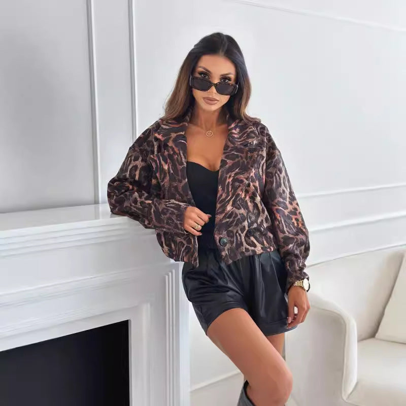 Leopard Print Cropped Jacket with Suit Collar