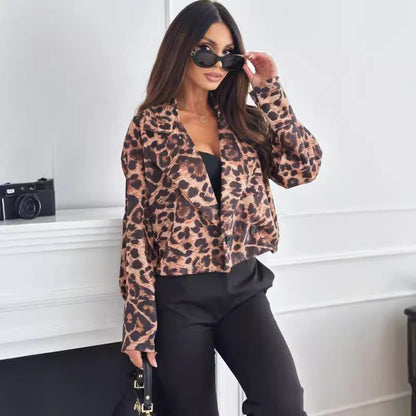 Leopard Print Cropped Jacket with Suit Collar
