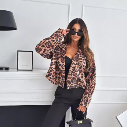 Leopard Print Cropped Jacket with Suit Collar