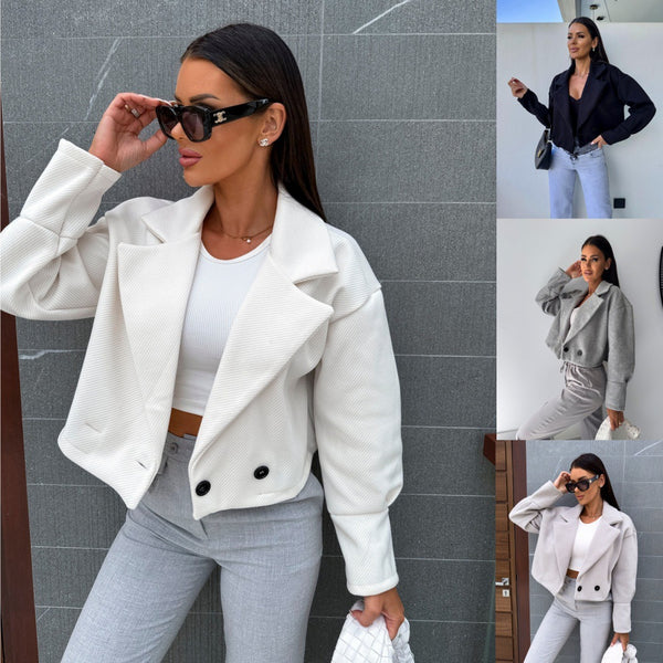Cropped Jacket with Suit Collar and Double-Breasted Front