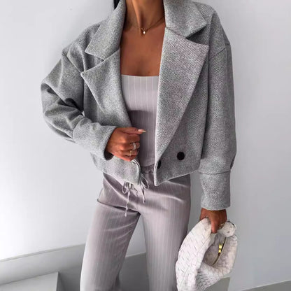 Cropped Jacket with Suit Collar and Double-Breasted Front
