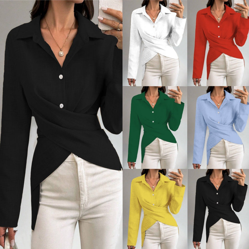 Solid Color Blouse with Crossover Wrap and Asymmetric Hem