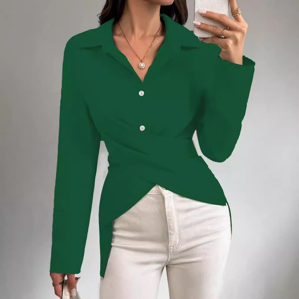 Solid Color Blouse with Crossover Wrap and Asymmetric Hem