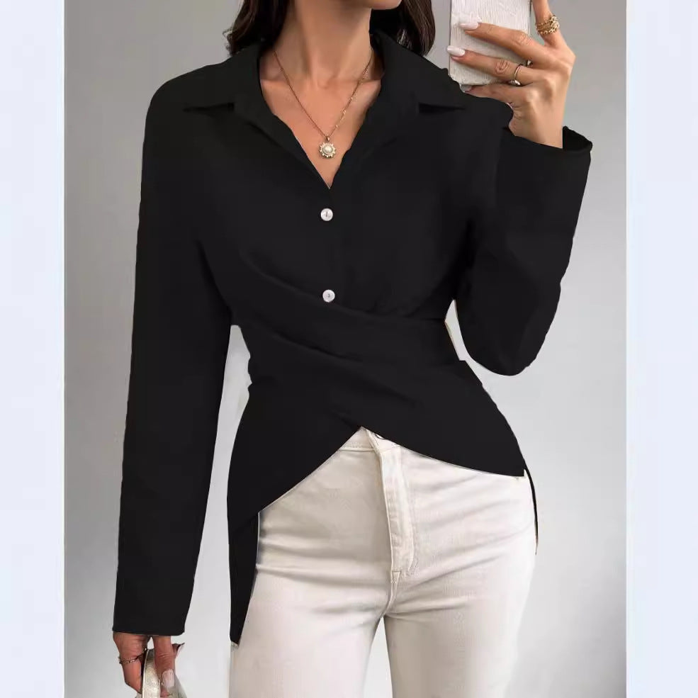 Solid Color Blouse with Crossover Wrap and Asymmetric Hem