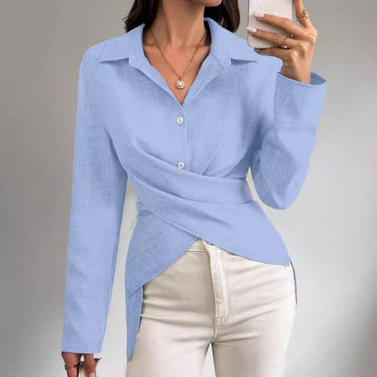 Solid Color Blouse with Crossover Wrap and Asymmetric Hem
