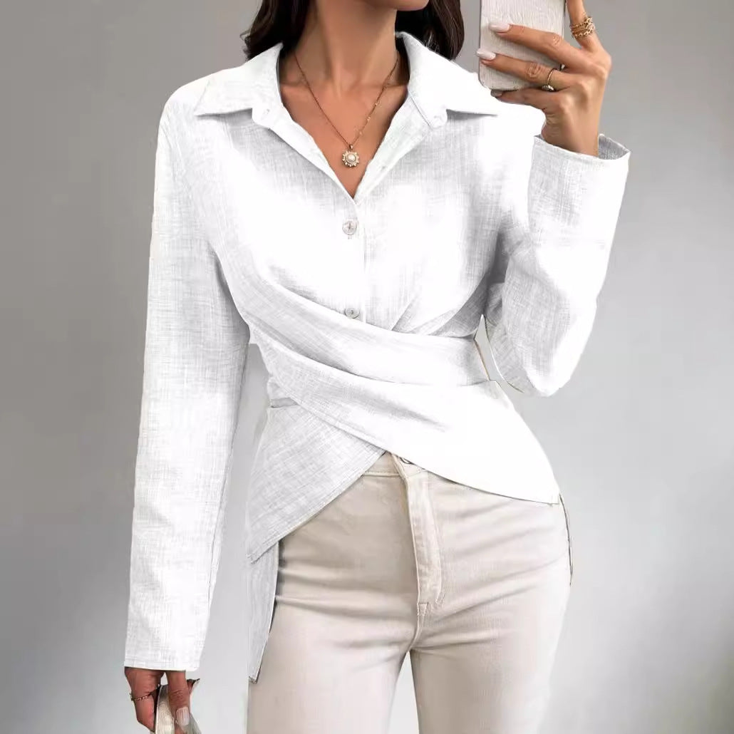 Solid Color Blouse with Crossover Wrap and Asymmetric Hem