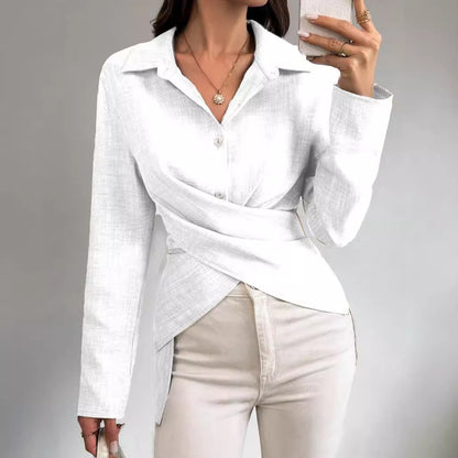 Solid Color Blouse with Crossover Wrap and Asymmetric Hem