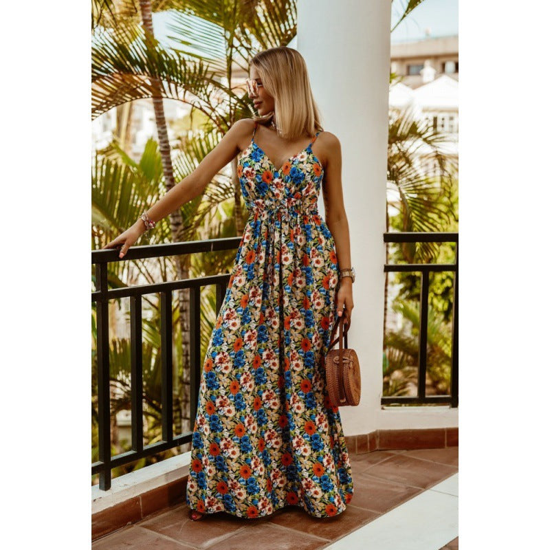 Tropical Print A-Line Maxi Dress with V-Neck and Straps