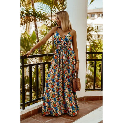 Tropical Print A-Line Maxi Dress with V-Neck and Straps