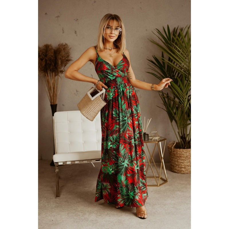 Tropical Print A-Line Maxi Dress with V-Neck and Straps
