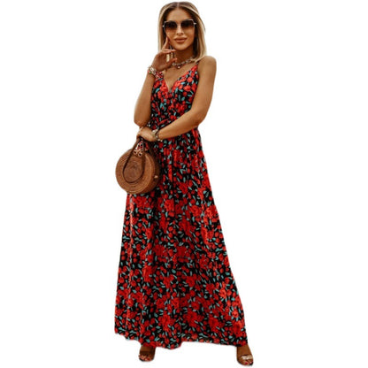 Tropical Print A-Line Maxi Dress with V-Neck and Straps