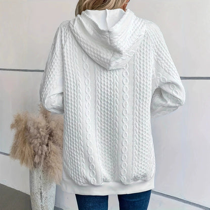 Cable Knit Hoodie with Kangaroo Pocket and Side Buttons