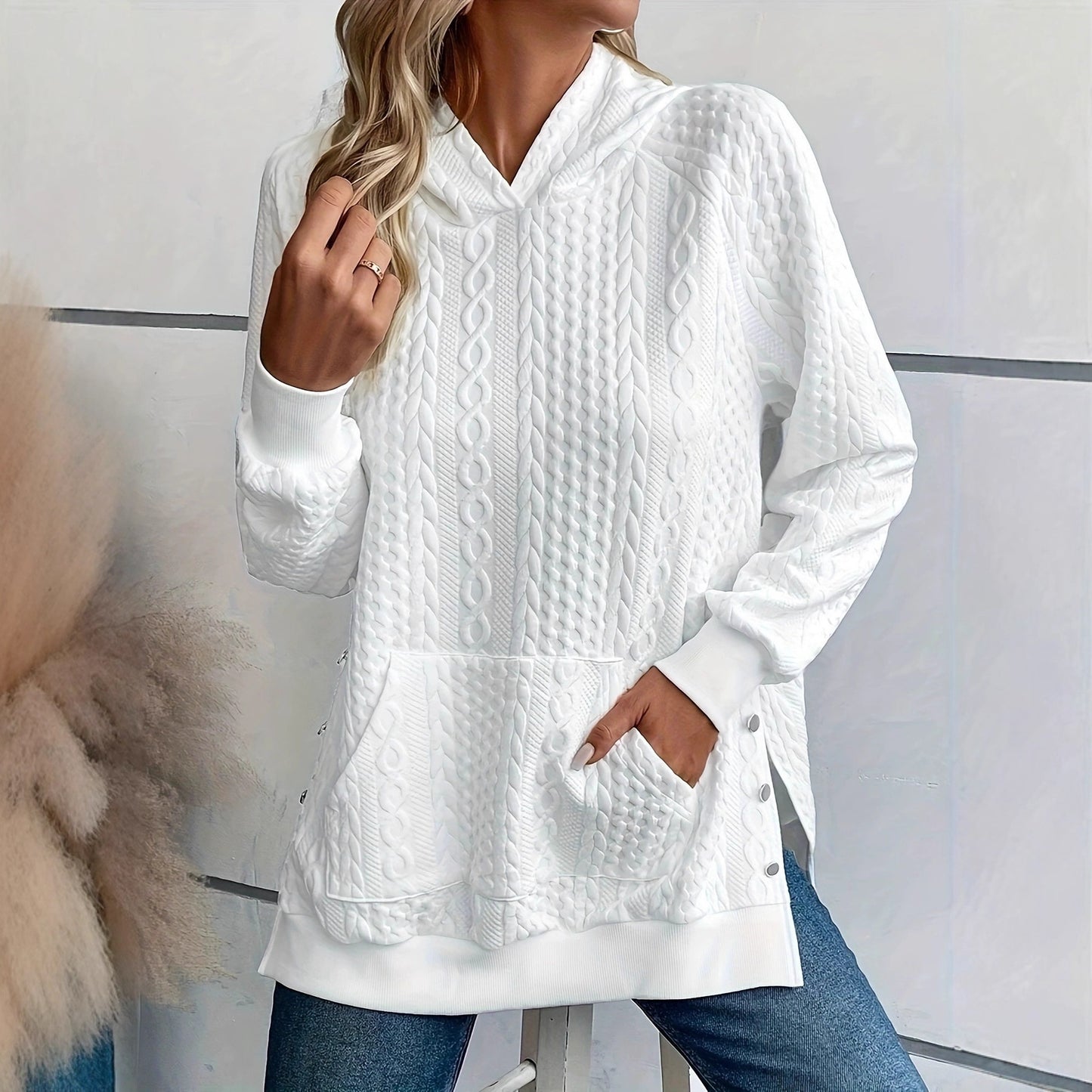 Cable Knit Hoodie with Kangaroo Pocket and Side Buttons