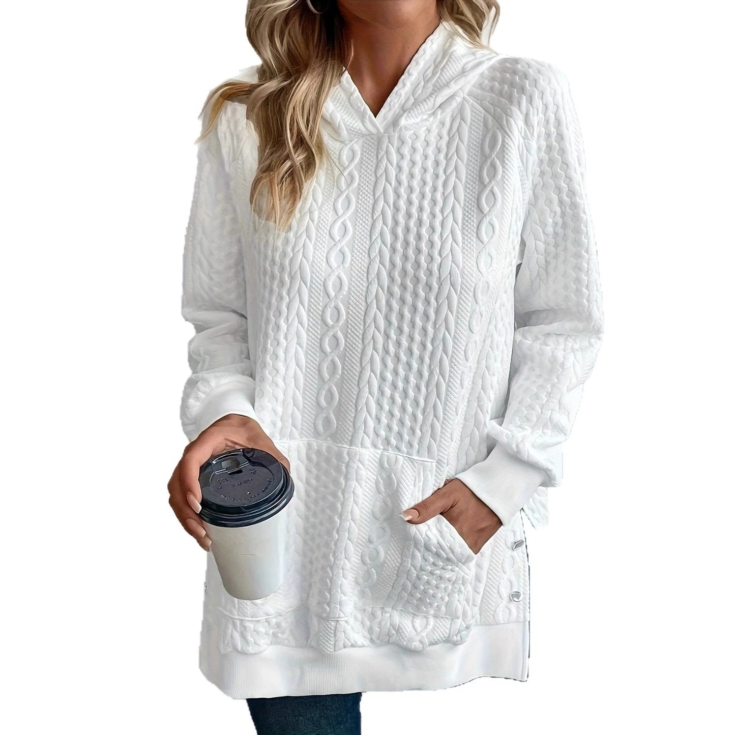Cable Knit Hoodie with Kangaroo Pocket and Side Buttons
