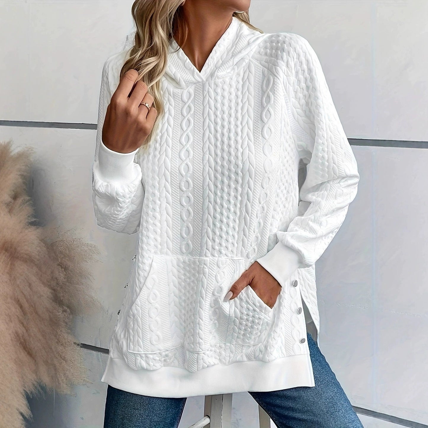Cable Knit Hoodie with Kangaroo Pocket and Side Buttons