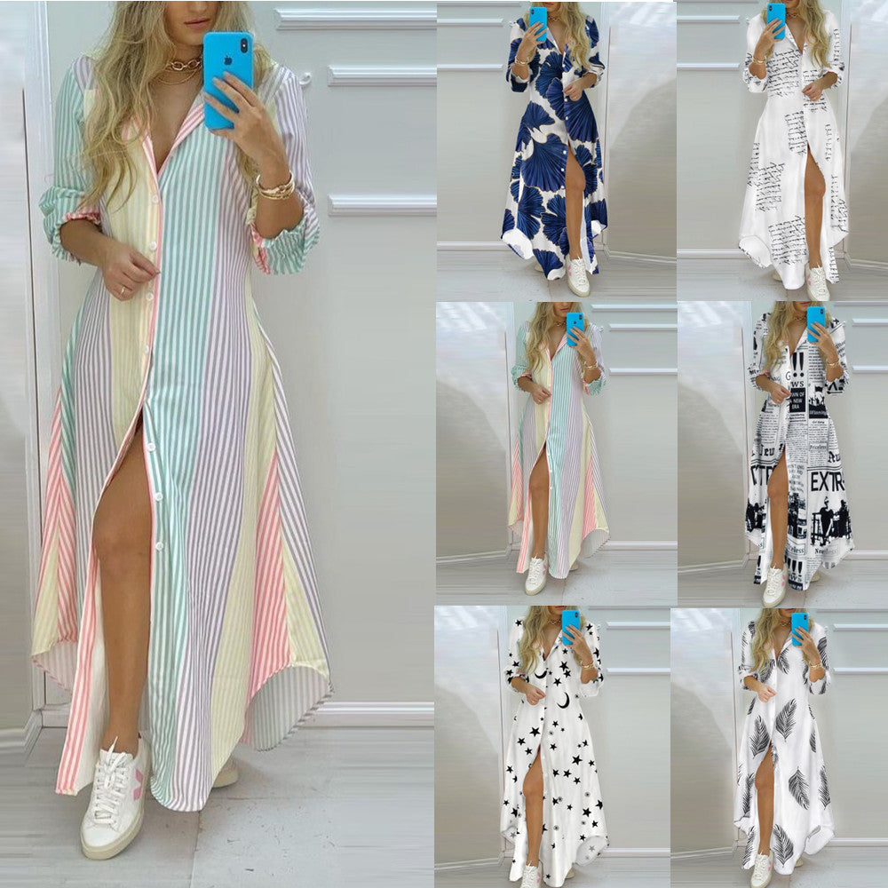 Striped Maxi Button-Down Dress with High Slit and Asymmetrical Hem