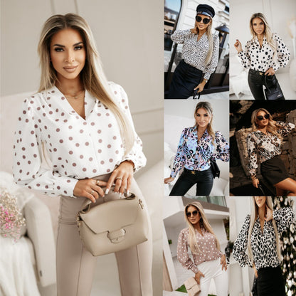 Commuter Printed Blouse with V-Neck and Long Sleeves