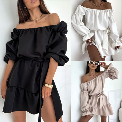 A-Line Mini Dress with Off-Shoulder and Puff Sleeves