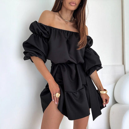 A-Line Mini Dress with Off-Shoulder and Puff Sleeves