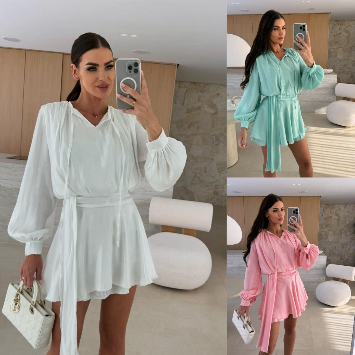 A-Line Mini Dress with Lace-Up V-Neck and Puff Sleeves