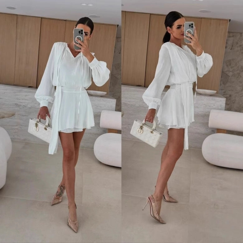 A-Line Mini Dress with Lace-Up V-Neck and Puff Sleeves