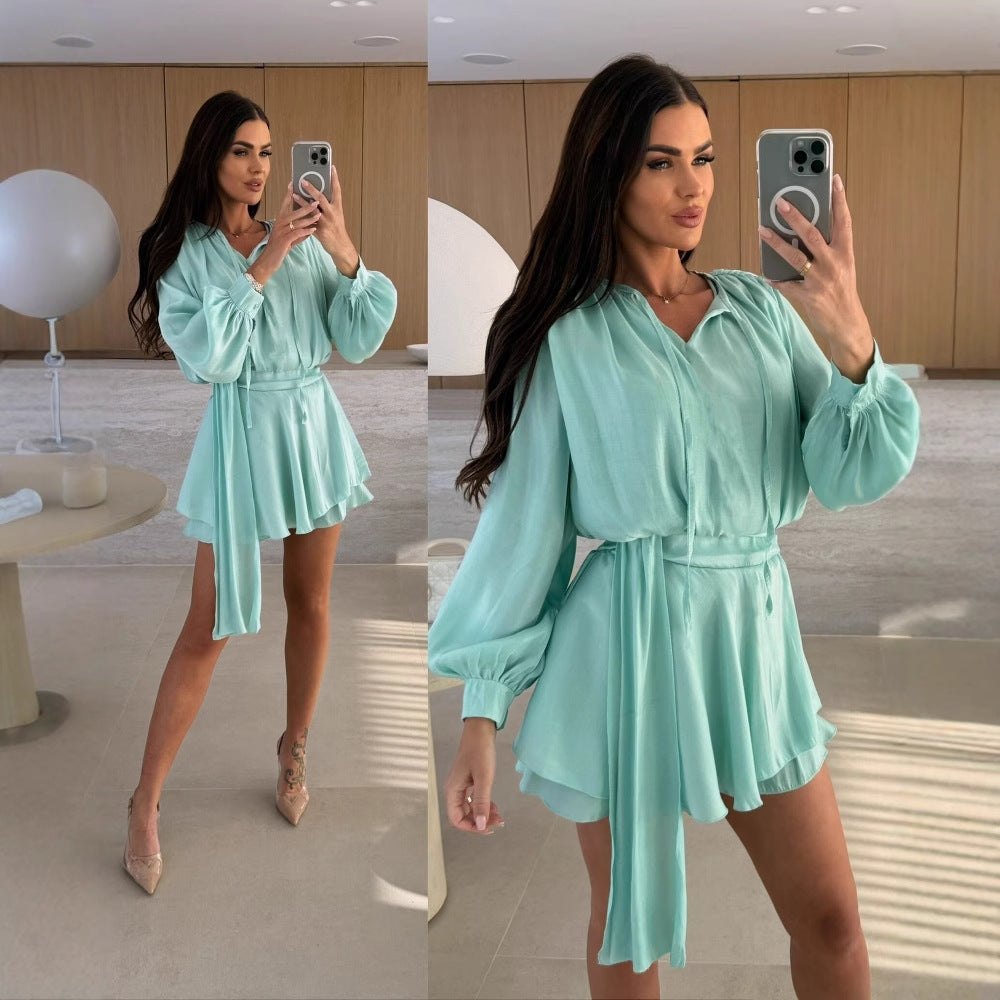 A-Line Mini Dress with Lace-Up V-Neck and Puff Sleeves