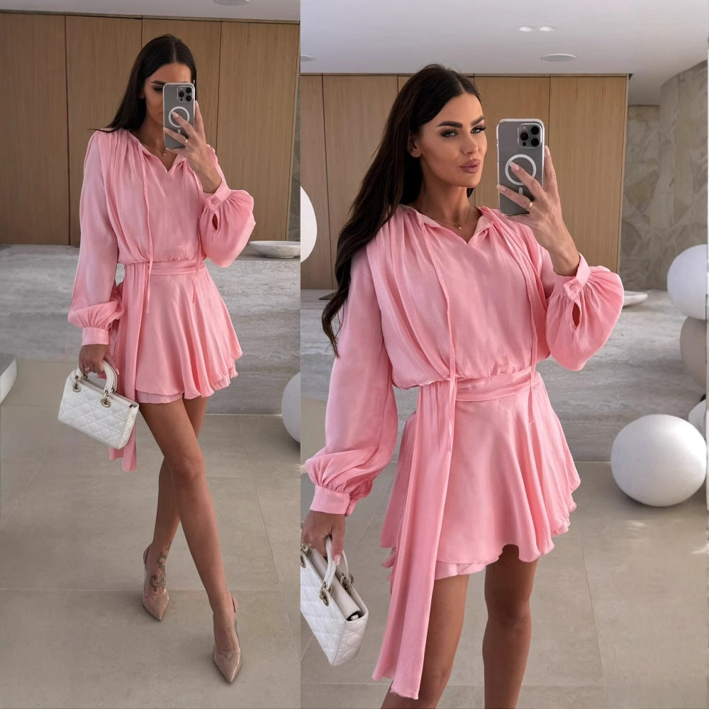 A-Line Mini Dress with Lace-Up V-Neck and Puff Sleeves