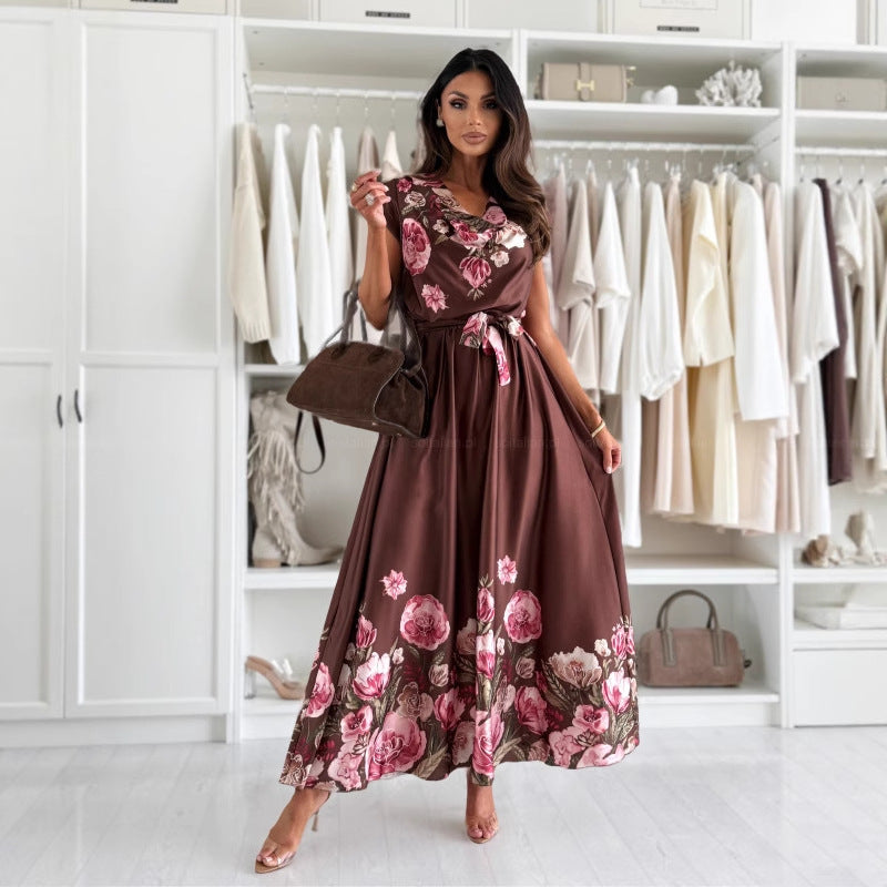 A-Line Floral Print Maxi Dress with V-Neck and Slit