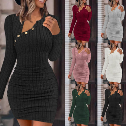 Bodycon Mini Dress with Oblique Collar and Buttons